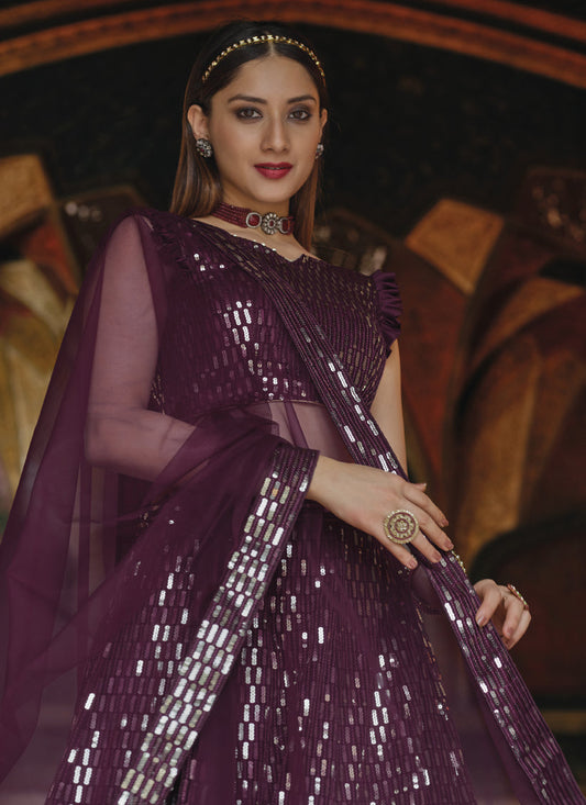 Attractive Burgundy Net Sequins Designer Lehenga Choli