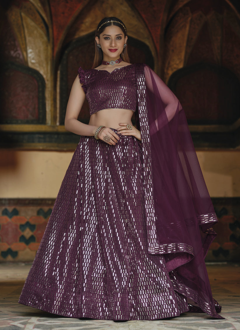 Attractive Burgundy Net Sequins Designer Lehenga Choli
