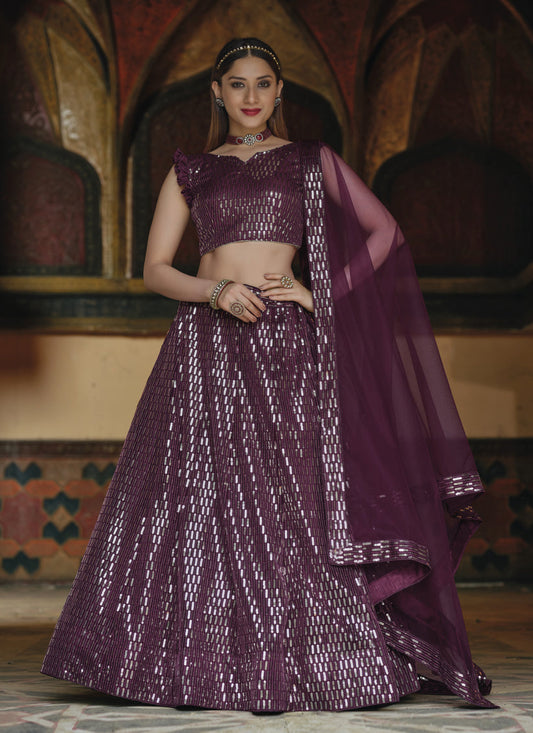 Attractive Burgundy Net Sequins Designer Lehenga Choli
