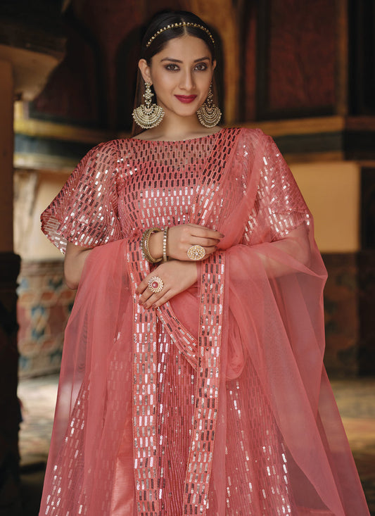 Beautiful Coral Pink Net Sequins Designer Lehenga Choli