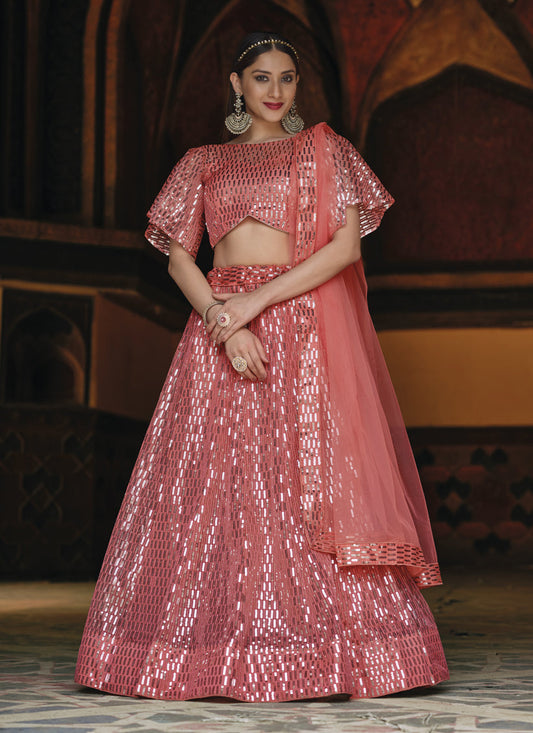 Beautiful Coral Pink Net Sequins Designer Lehenga Choli
