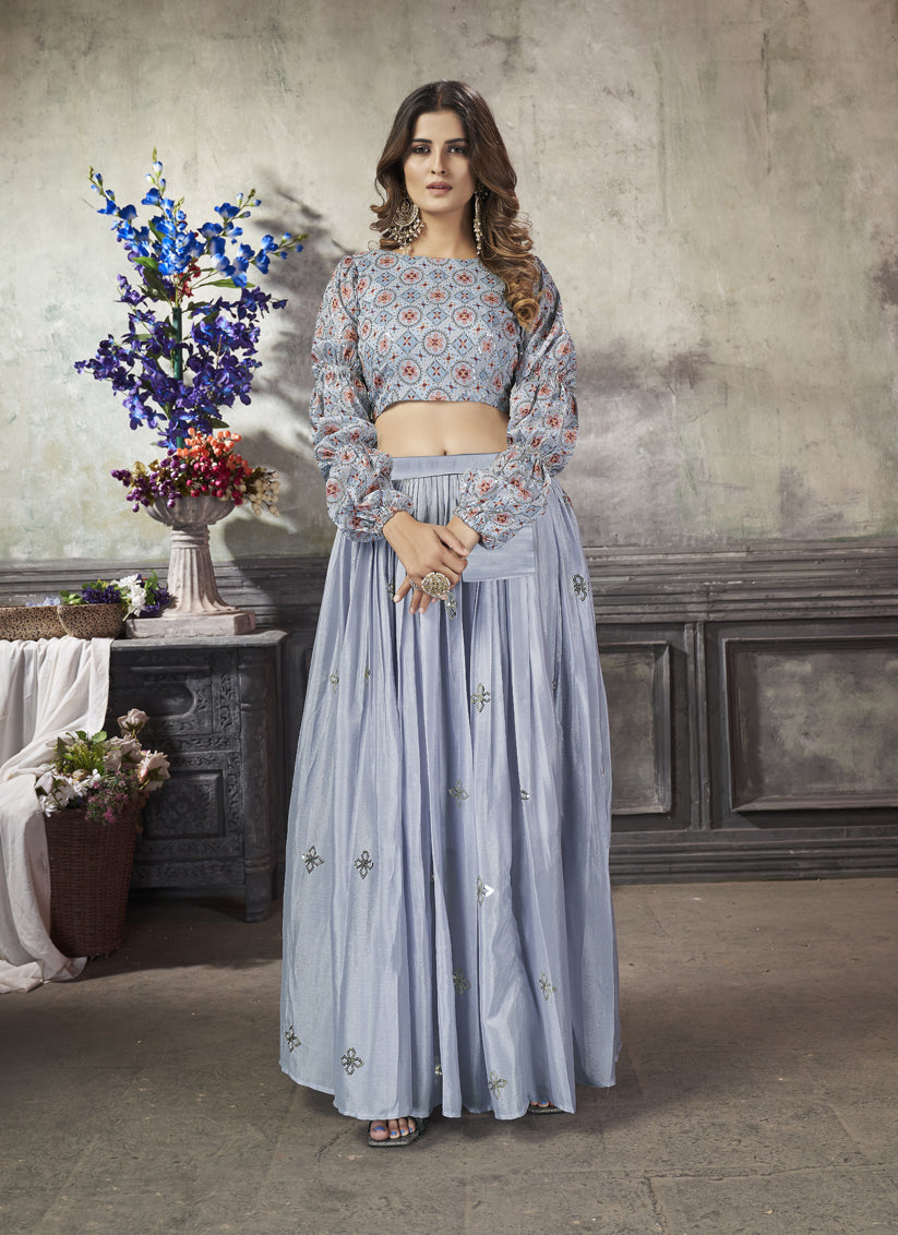 Dazzling Sky Grey Art Silk Sequined Skirt with Crop Top
