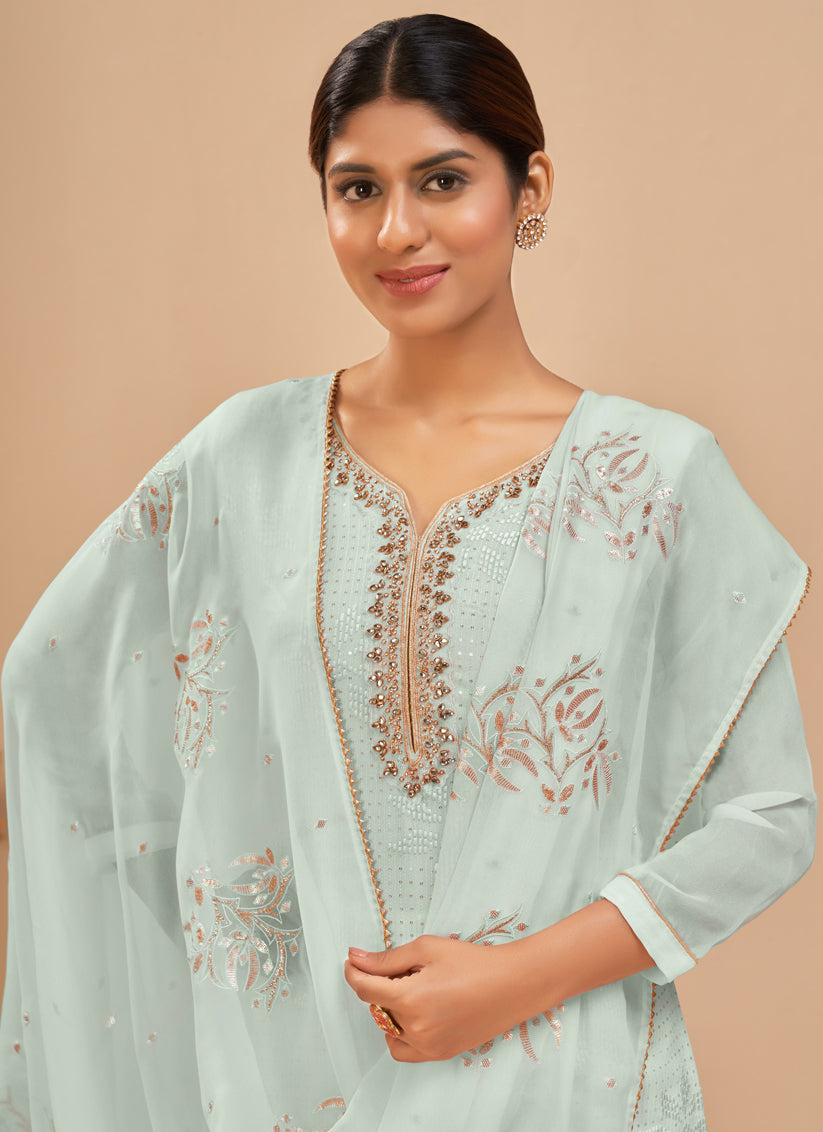 Glamorous Ice Blue Georgette Khatli Work Palazzo Suit