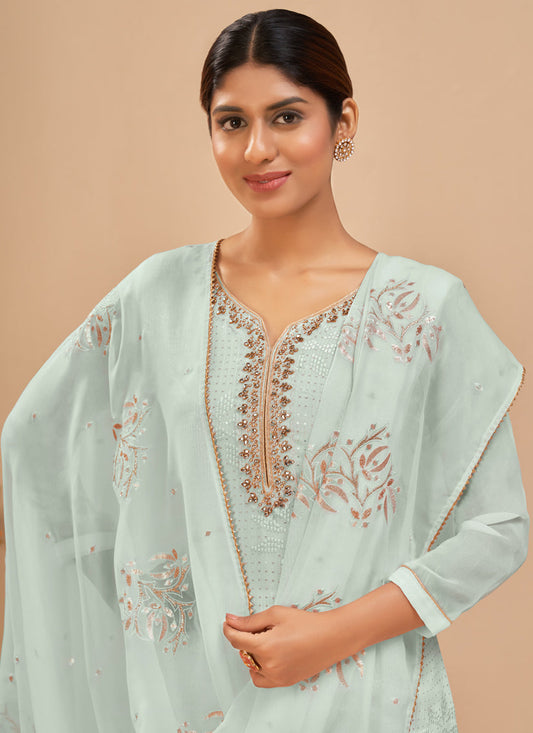 Glamorous Ice Blue Georgette Khatli Work Palazzo Suit