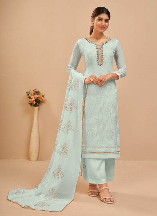 Glamorous Ice Blue Georgette Khatli Work Palazzo Suit