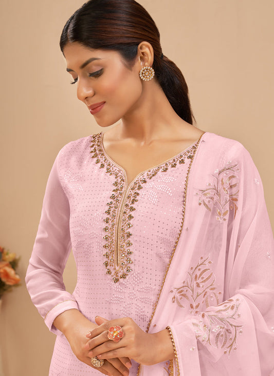 Voguish Baby Pink Georgette Khatli Work Palazzo Suit
