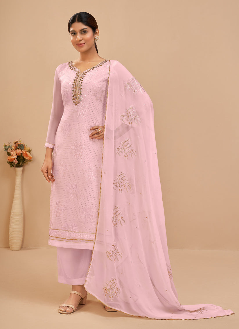 Voguish Baby Pink Georgette Khatli Work Palazzo Suit