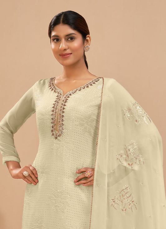 Sophisticated Cream Georgette Khatli Work Palazzo Suit