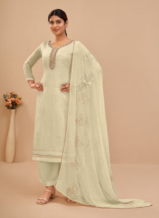 Sophisticated Cream Georgette Khatli Work Palazzo Suit
