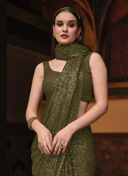 Olive Green Sequined Georgette Party Wear Saree