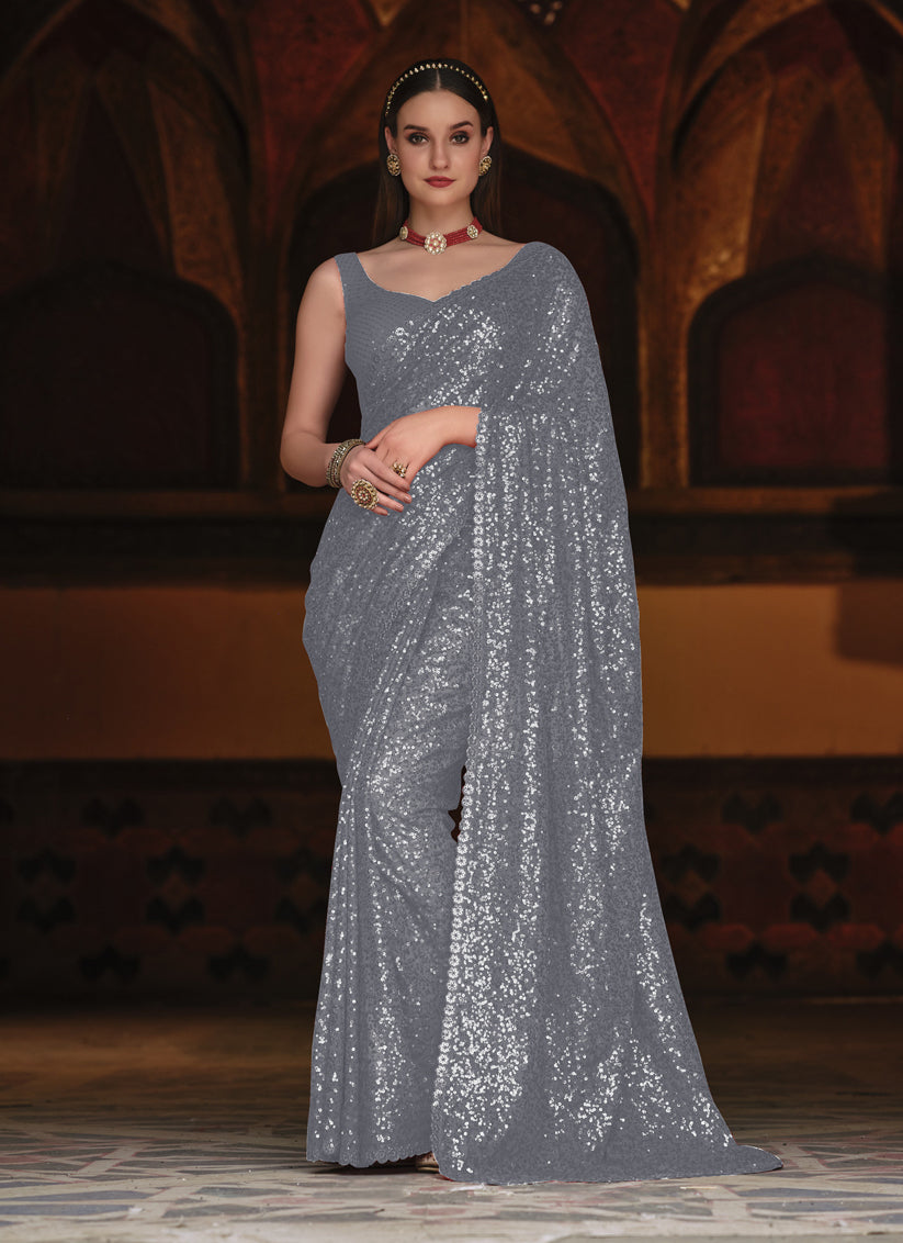 Grey Sequined Georgette Party Wear Saree