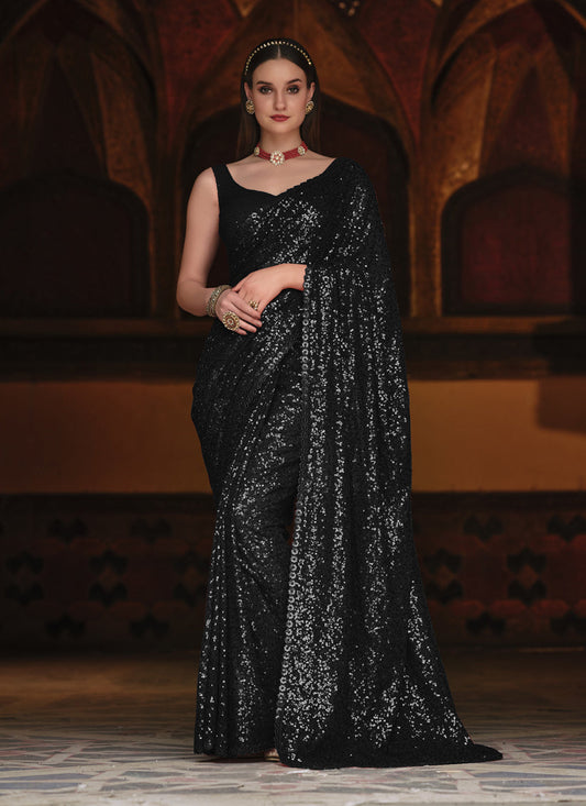 Black Sequined Georgette Party Wear Saree