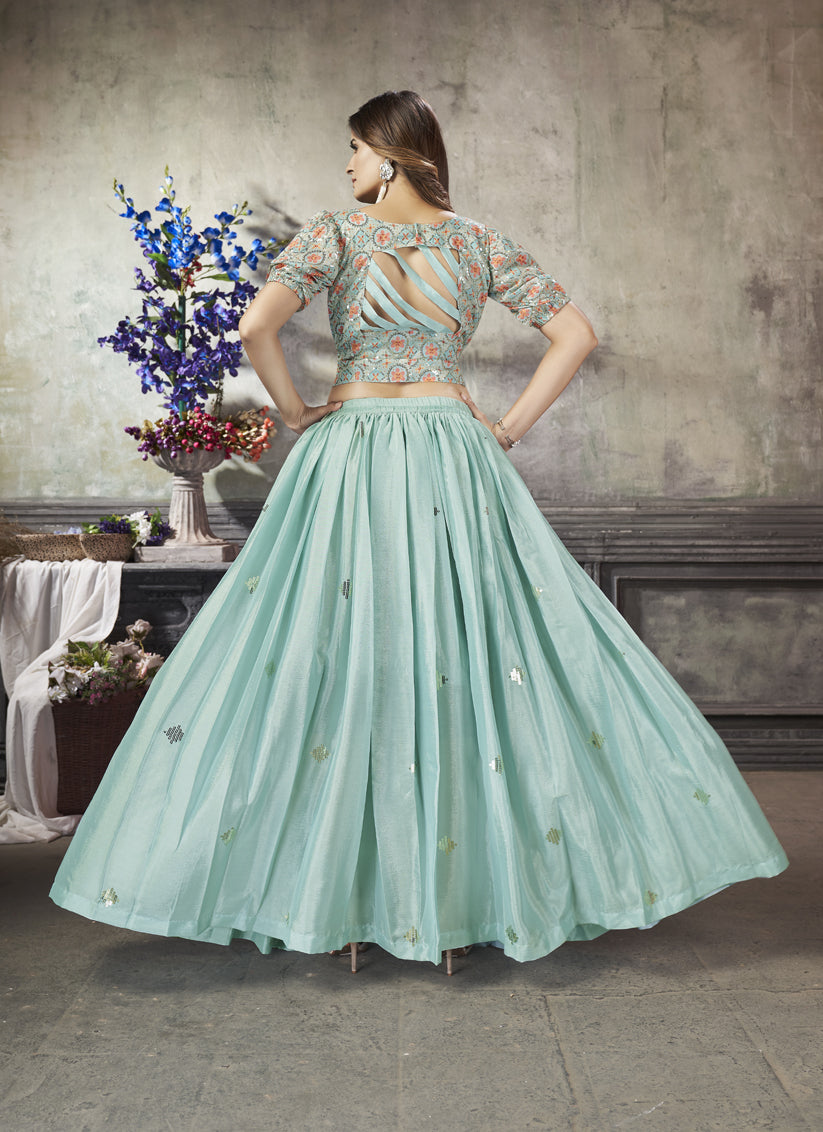 Unique Mint Blue Art Silk Sequined Skirt with Crop Top