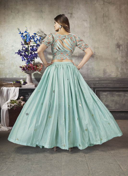 Unique Mint Blue Art Silk Sequined Skirt with Crop Top