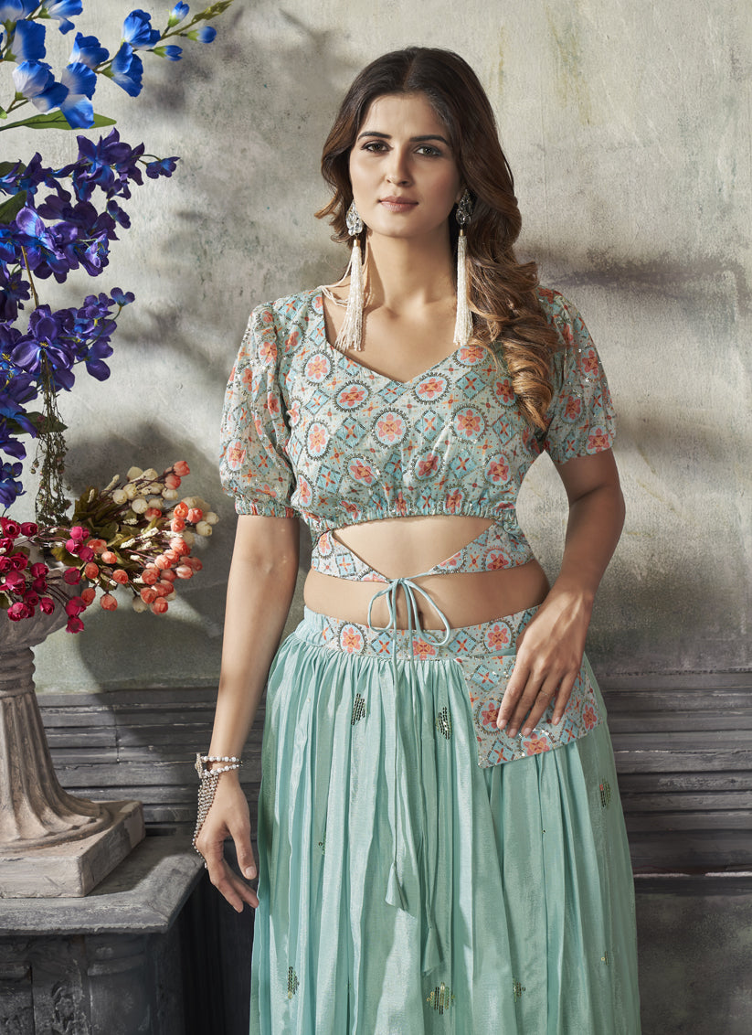 Unique Mint Blue Art Silk Sequined Skirt with Crop Top
