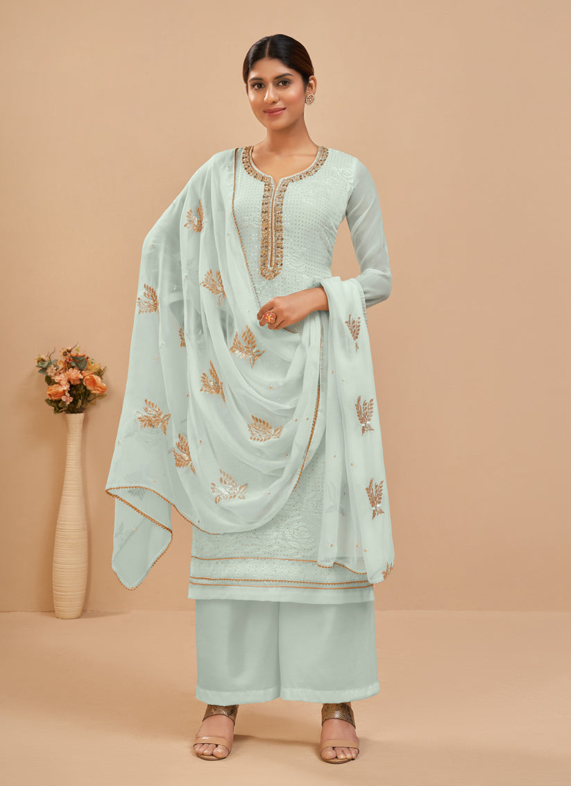 Gorgeous Ice Blue Georgette Khatli Work Palazzo Suit