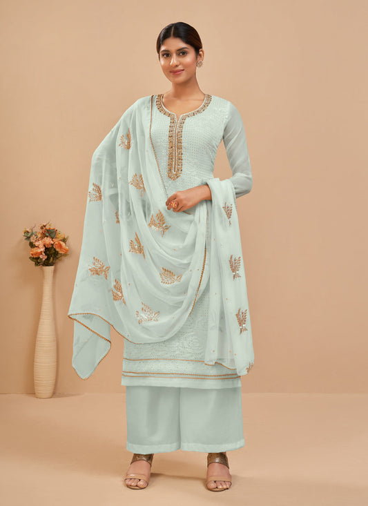 Gorgeous Ice Blue Georgette Khatli Work Palazzo Suit