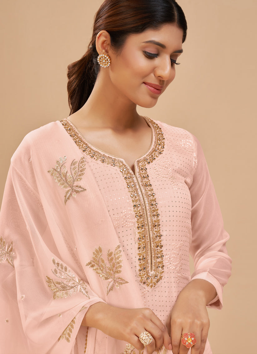 Elegant Blush Peach Georgette Khatli Work Palazzo Suit