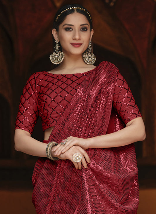 Beautiful Cherry Red Georgette Sequins Party Wear Saree