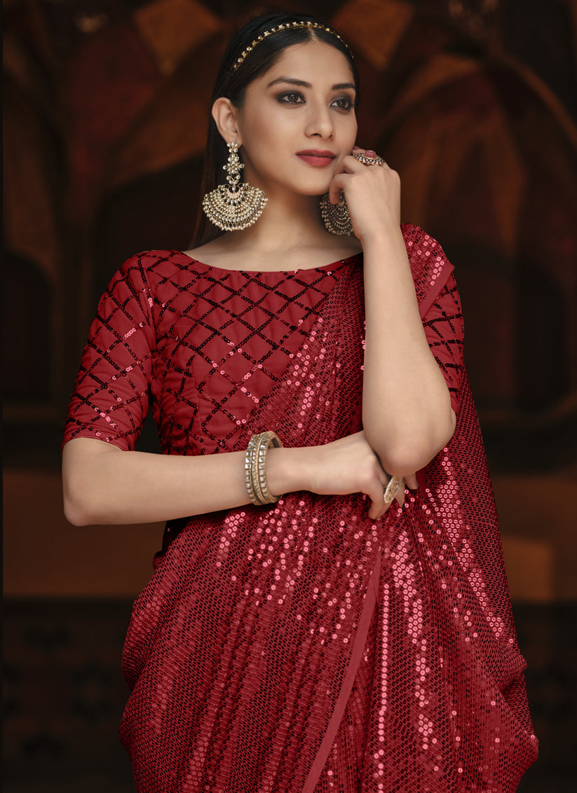 Beautiful Cherry Red Georgette Sequins Party Wear Saree