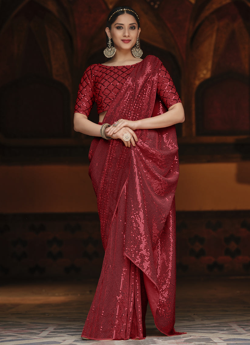 Beautiful Cherry Red Georgette Sequins Party Wear Saree