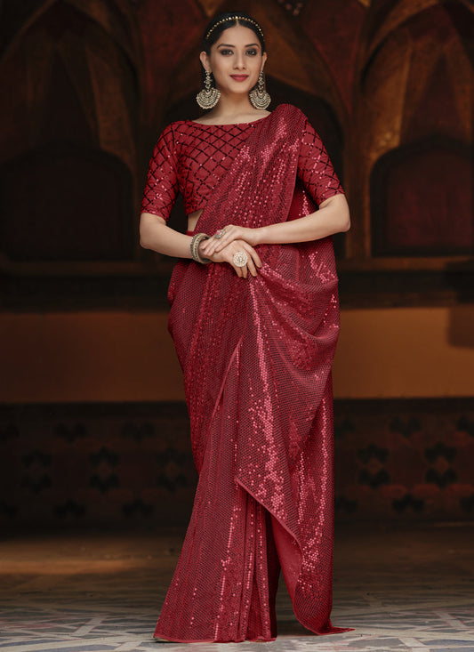 Beautiful Cherry Red Georgette Sequins Party Wear Saree