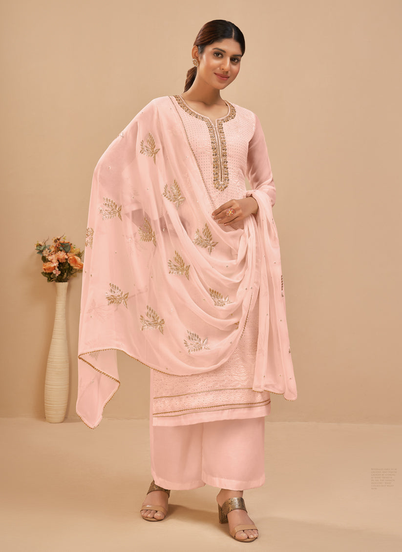 Elegant Blush Peach Georgette Khatli Work Palazzo Suit
