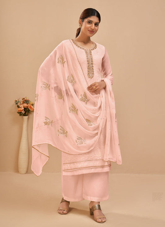 Elegant Blush Peach Georgette Khatli Work Palazzo Suit