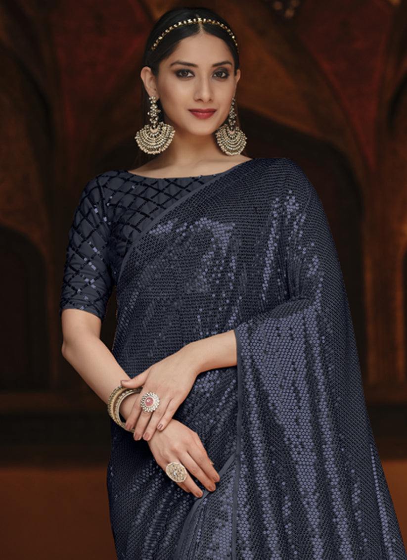 Voguish Midnight Blue Georgette Sequins Party Wear Saree