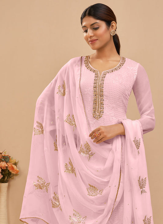 Charming Baby Pink Georgette Khatli Work Palazzo Suit