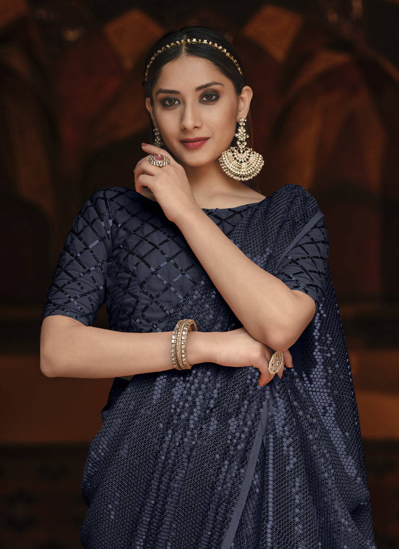 Voguish Midnight Blue Georgette Sequins Party Wear Saree