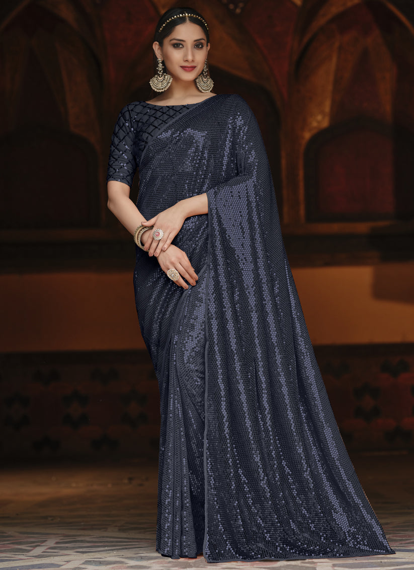 Voguish Midnight Blue Georgette Sequins Party Wear Saree