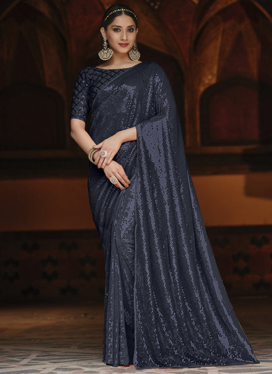 Voguish Midnight Blue Georgette Sequins Party Wear Saree
