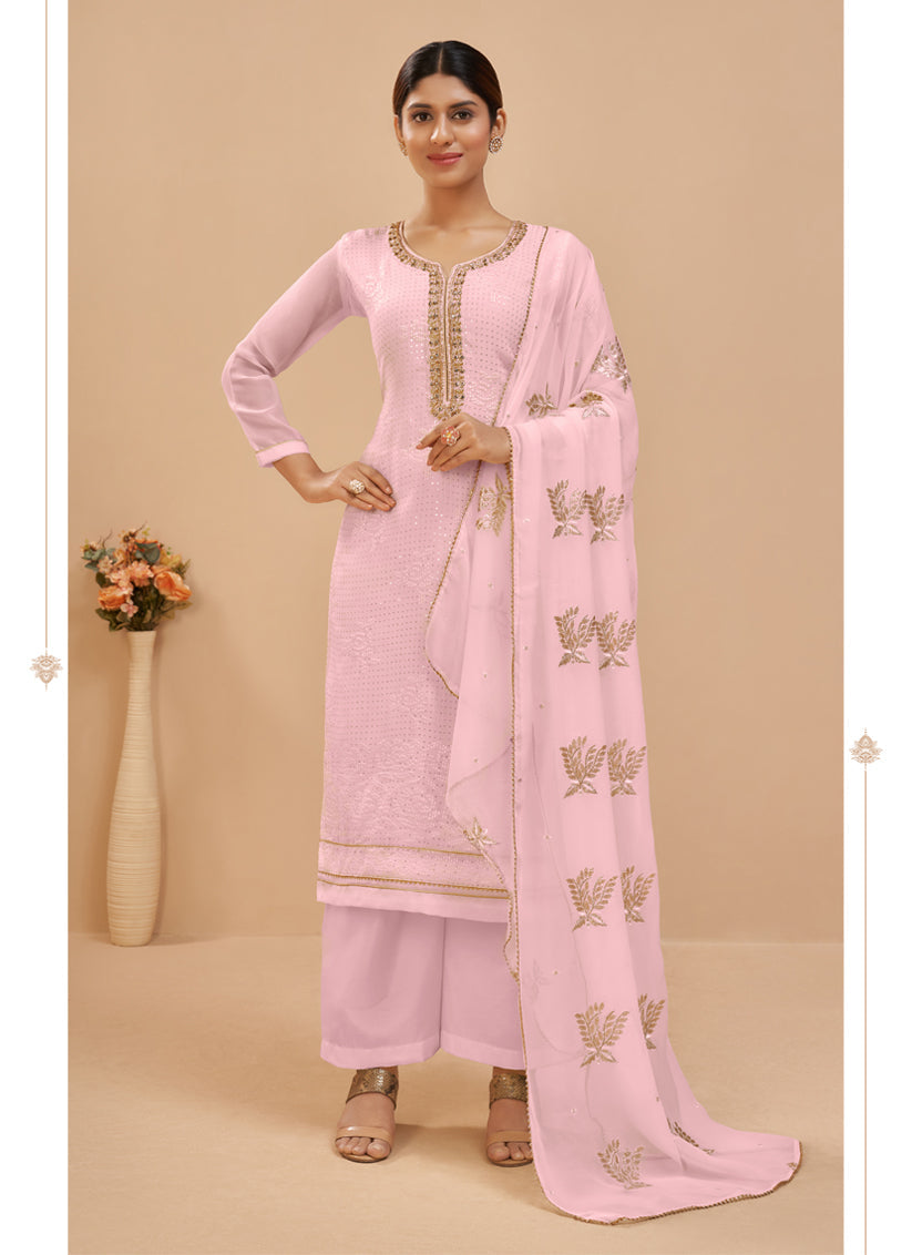 Charming Baby Pink Georgette Khatli Work Palazzo Suit