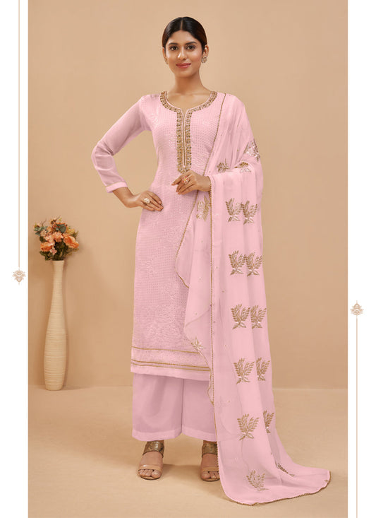 Charming Baby Pink Georgette Khatli Work Palazzo Suit