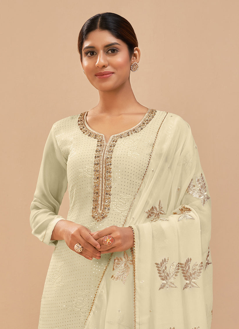 Luxurious Cream Georgette Khatli Work Palazzo Suit