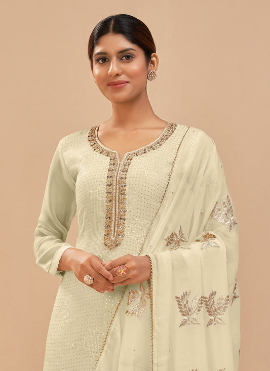 Luxurious Cream Georgette Khatli Work Palazzo Suit