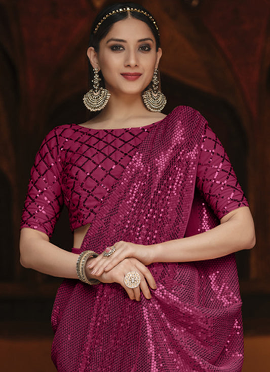 Opulent Magenta Georgette Sequins Party Wear Saree