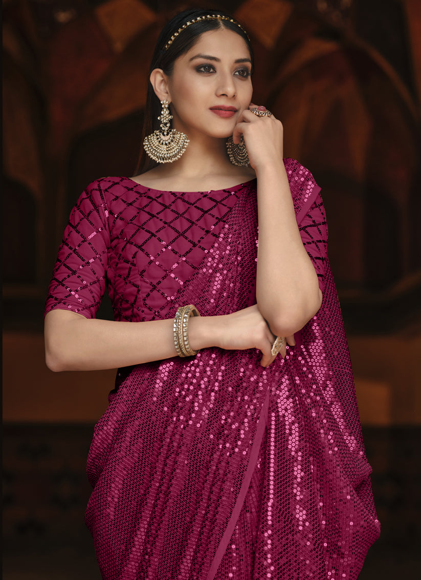 Opulent Magenta Georgette Sequins Party Wear Saree