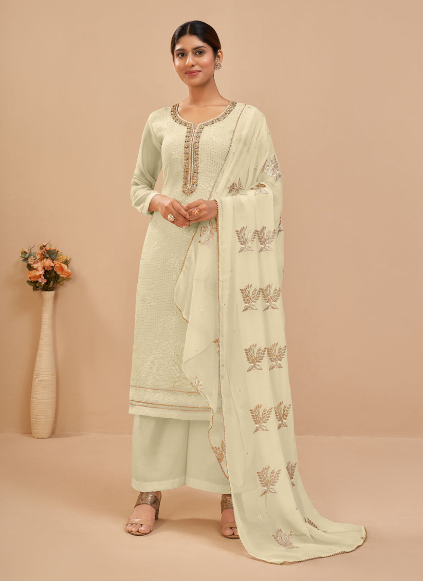 Luxurious Cream Georgette Khatli Work Palazzo Suit