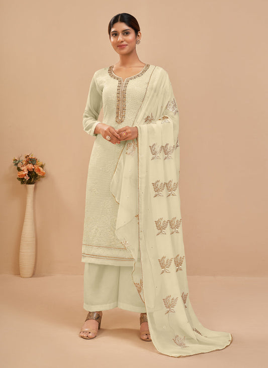 Luxurious Cream Georgette Khatli Work Palazzo Suit