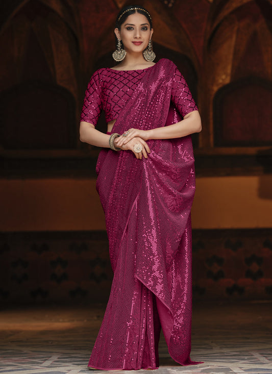 Opulent Magenta Georgette Sequins Party Wear Saree