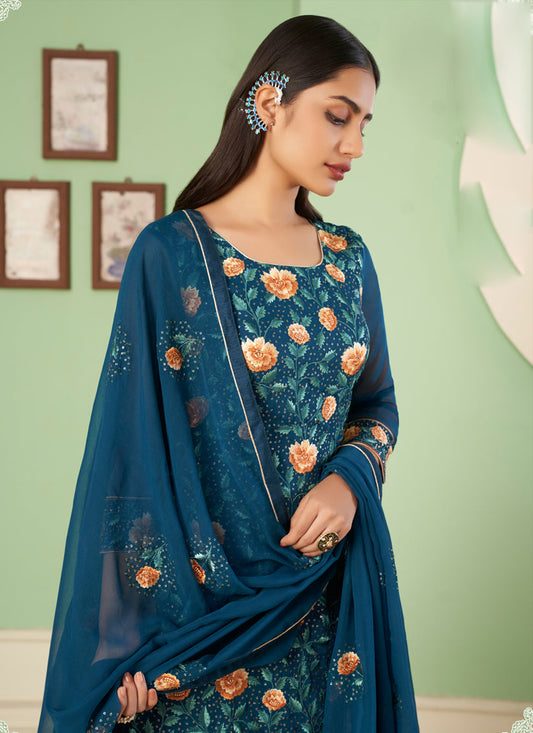 Fascinating Peacock Blue Georgette Embroidered Sarara Kameez