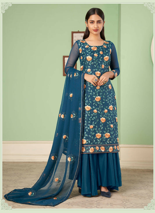 Fascinating Peacock Blue Georgette Embroidered Sarara Kameez