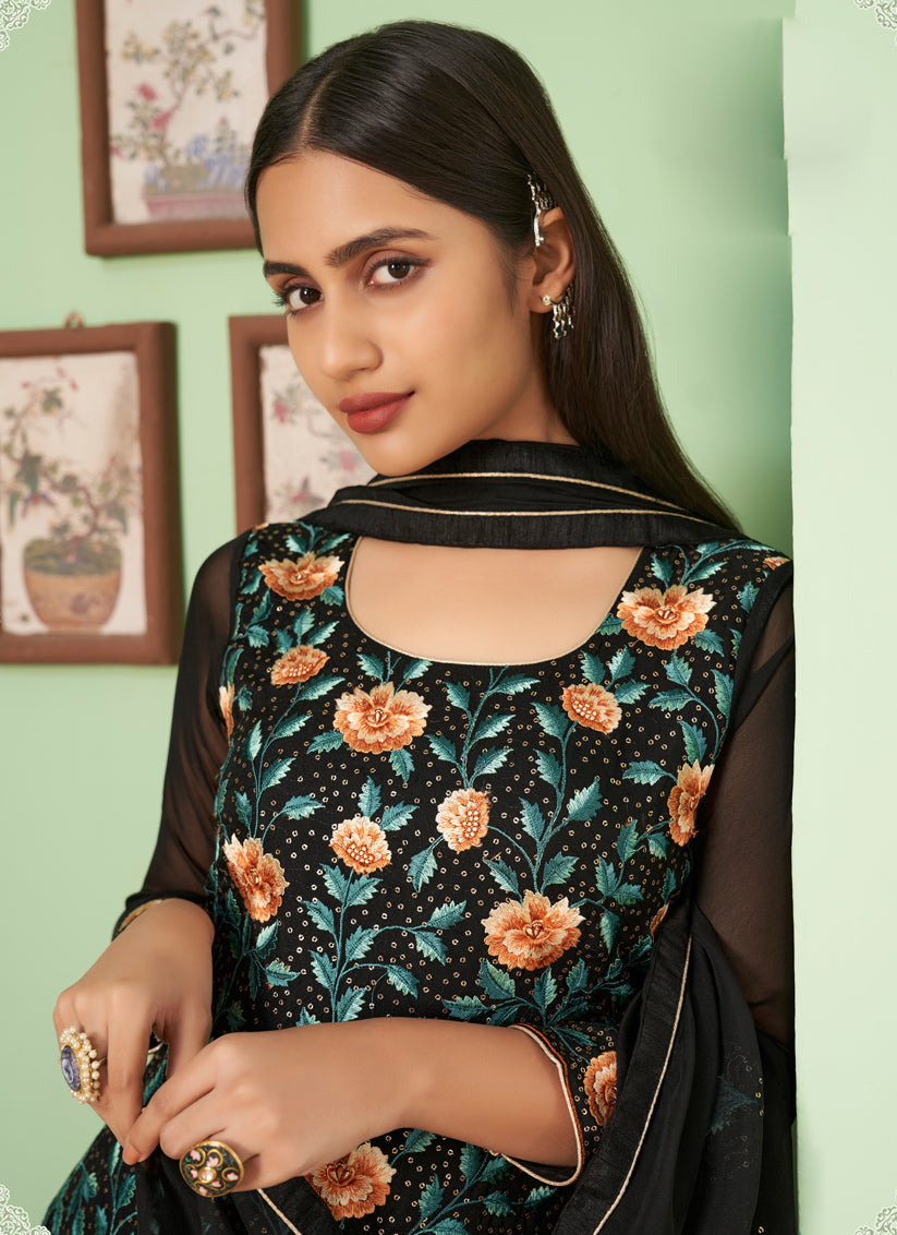 Beautiful Black Georgette Embroidered Sarara Kameez