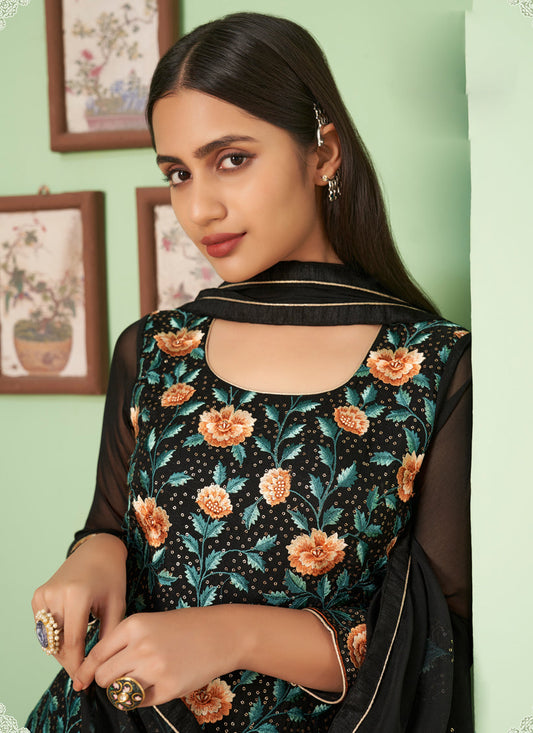 Beautiful Black Georgette Embroidered Sarara Kameez