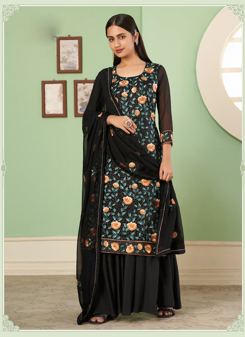 Beautiful Black Georgette Embroidered Sarara Kameez