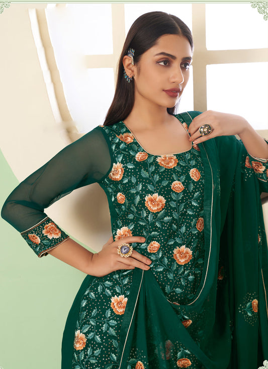 Graceful Pine Green Georgette Embroidered Sarara Kameez