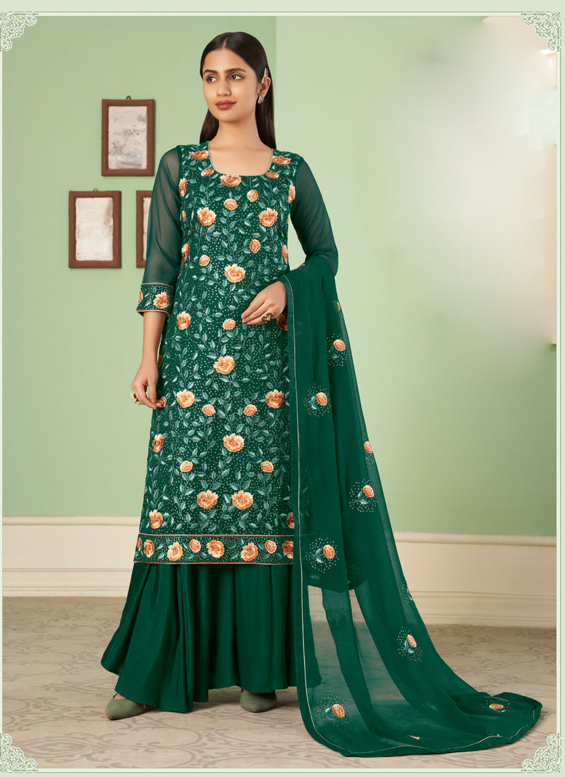 Graceful Pine Green Georgette Embroidered Sarara Kameez