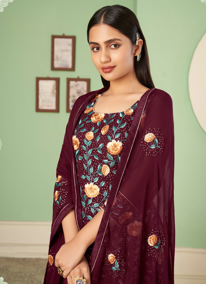 Incredible Garnet Maroon Georgette Embroidered Sarara Kameez